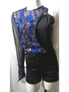 Weissman Dance Costume Teen XL A  Black Sequin One Shoulder Biketard Jazz Tap